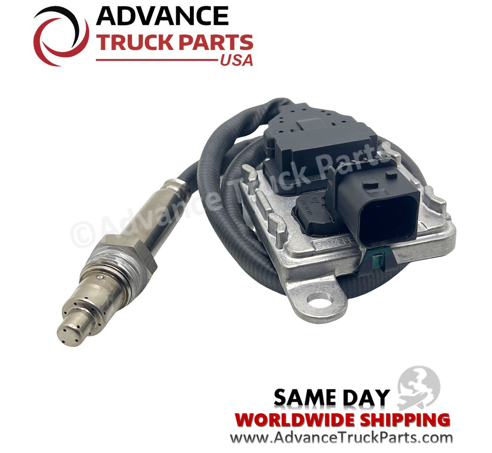 Advance Truck Parts USA branded studio view showcasing the heavy-duty inlet NOx sensor assembly for Freightliner and Detroit Diesel applications