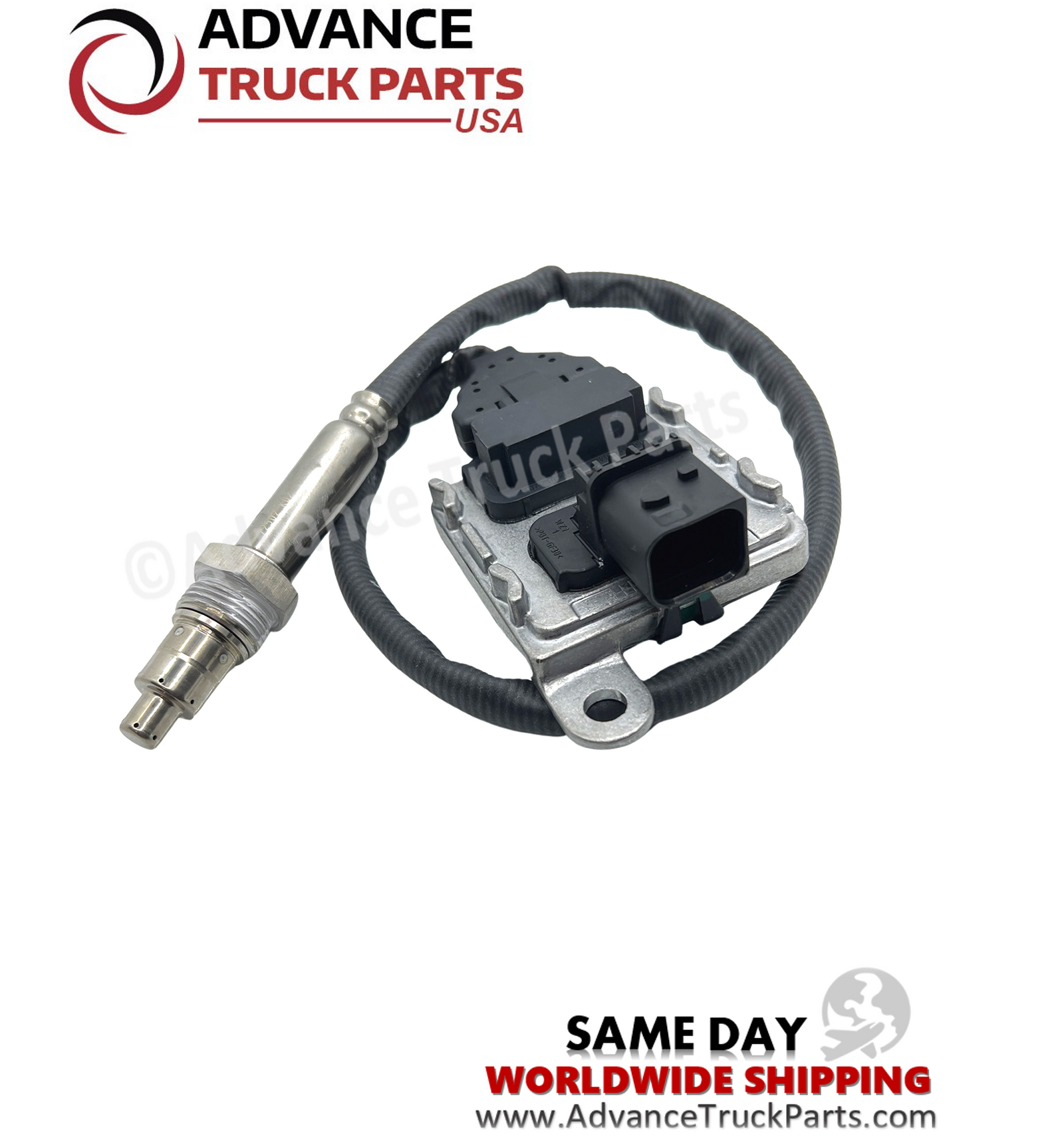 Advance Truck Parts USA branded studio view showcasing the heavy-duty inlet nitrogen oxide sensor assembly for Freightliner and Detroit Diesel applications