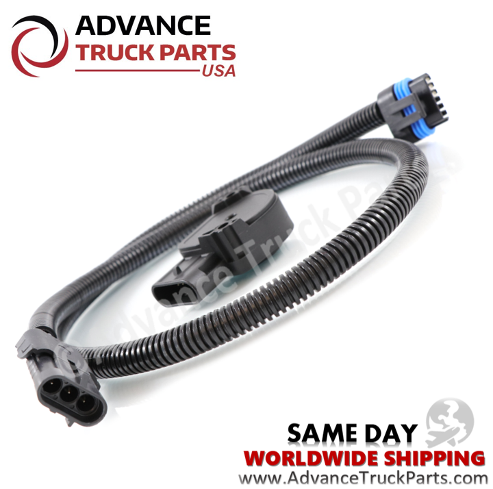 Advance Truck Parts USA branded studio angled perspective displaying the throttle position sensor module and coiled black protective wiring loom with weather-sealed connectors for heavy-duty applications