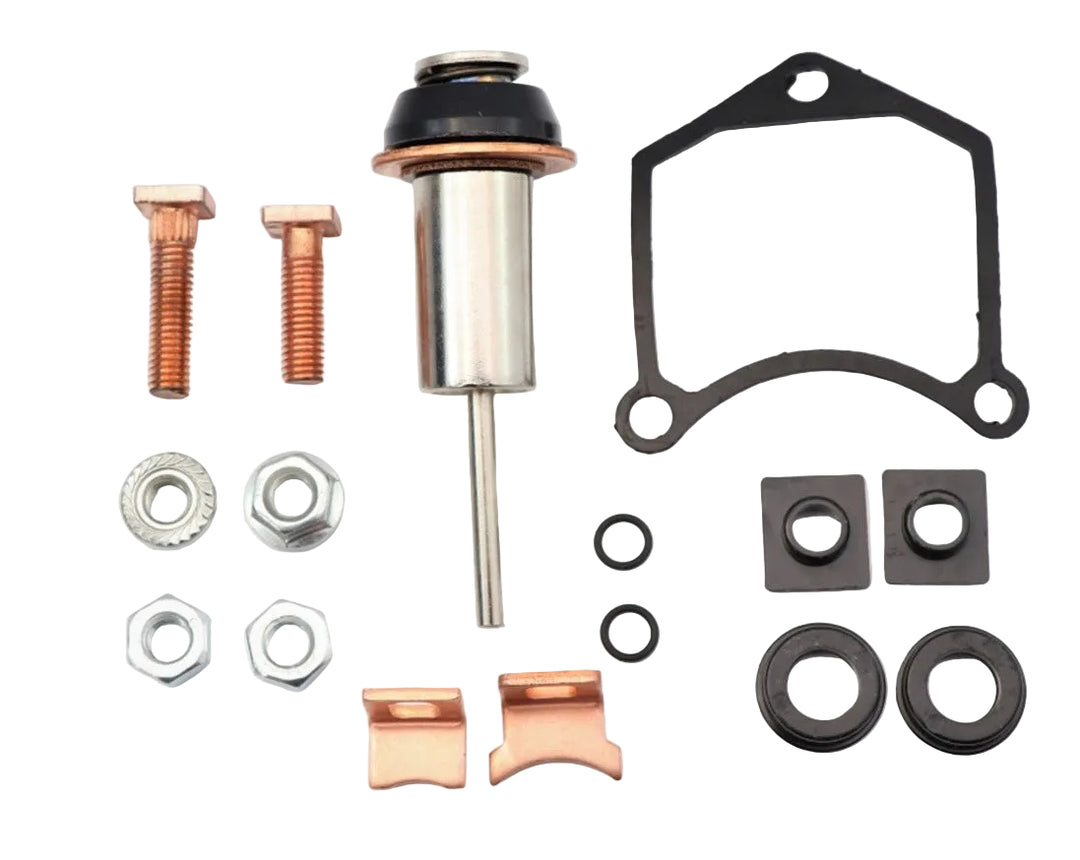 Advance Truck Parts USA Denso starter repair kit showing a clean studio view of the plunger, copper contacts, hardware bolts, nuts, O-rings, and solenoid gasket 