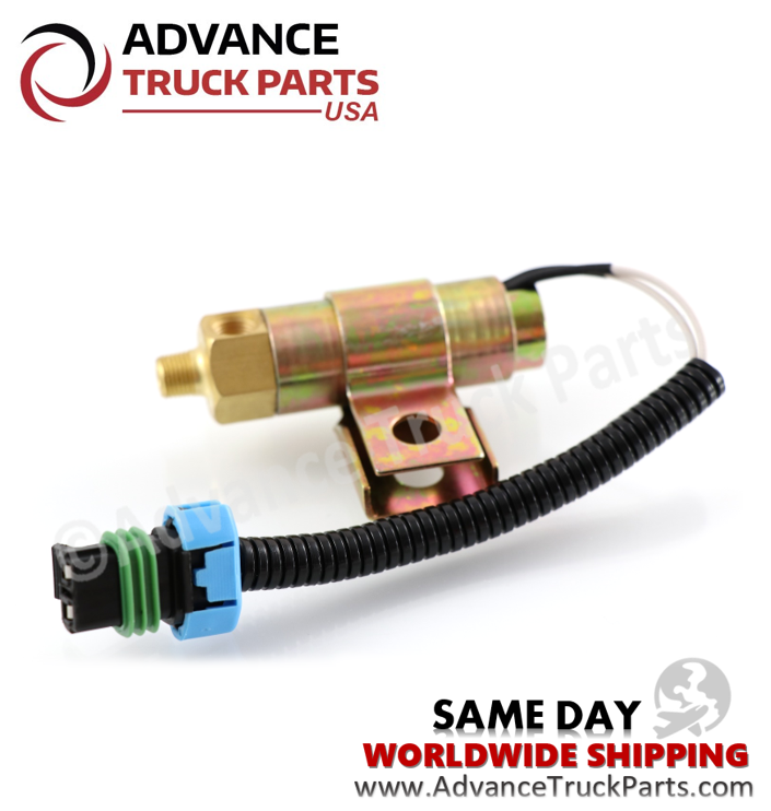 Advance Truck Parts USA branded studio side profile view displaying the threaded ports and protective wire loom of the Detroit 60 fan clutch solenoid
