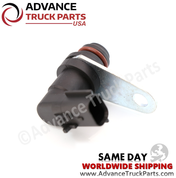 Advance Truck Parts USA Detroit camshaft position sensor showing an angled studio perspective of the electrical connector and mounting tab on a branded background