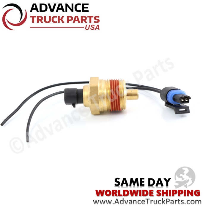 Advance Truck Parts USA Detroit Diesel coolant temperature sensor showcasing a studio layout of the sensor and pigtail wire leads on a branded background