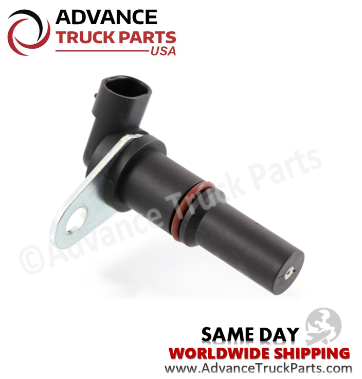 Advance Truck Parts USA branded studio angled perspective showcasing the heavy-duty crankshaft position sensor highlighting the sensor tip, red sealing O-ring, silver mounting tab, and black connector housing for Series 60 engines