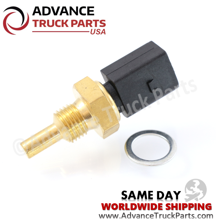 Advance Truck Parts USA branded studio angled view highlighting the brass probe tip, precision threads, and black connector housing of the DD15 engine temperature sender