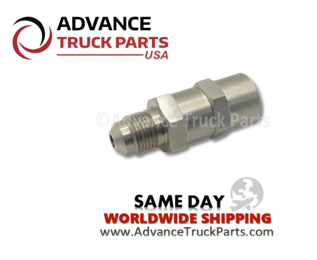 Advance Truck Parts USA branded studio horizontal perspective showcasing the heavy-duty fuel check valve highlighting the metallic cylindrical housing and threaded connector ends for commercial diesel engines