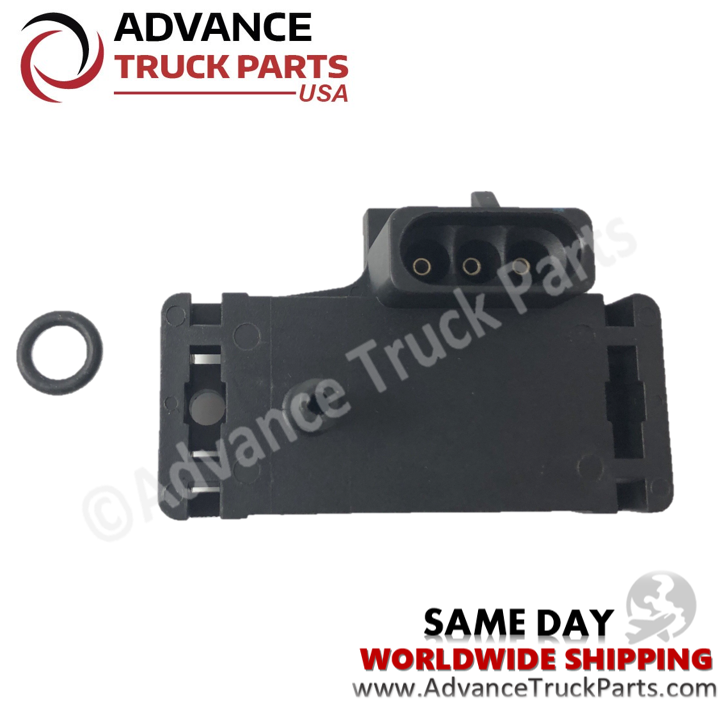 Advance Truck Parts USA 16070629 23528418 Detroit Diesel Series 60 MAP turbo boost pressure sensor showing an overhead studio view of the sensor housing with integrated electrical pins alongside the separate O-ring seal on a branded background