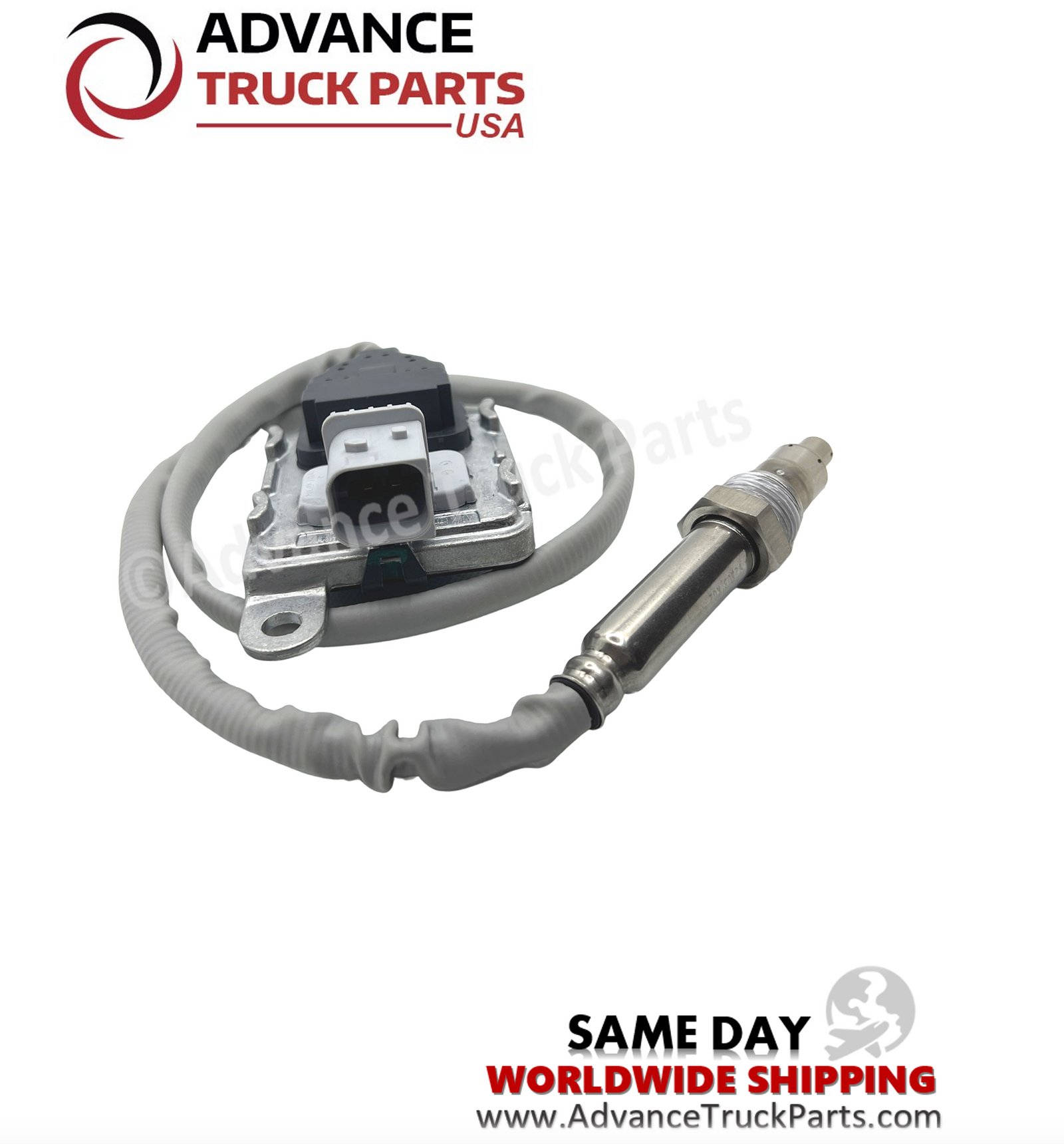 Advance Truck Parts USA branded studio view highlighting the gray electrical connector port on the control module of the NOx sensor