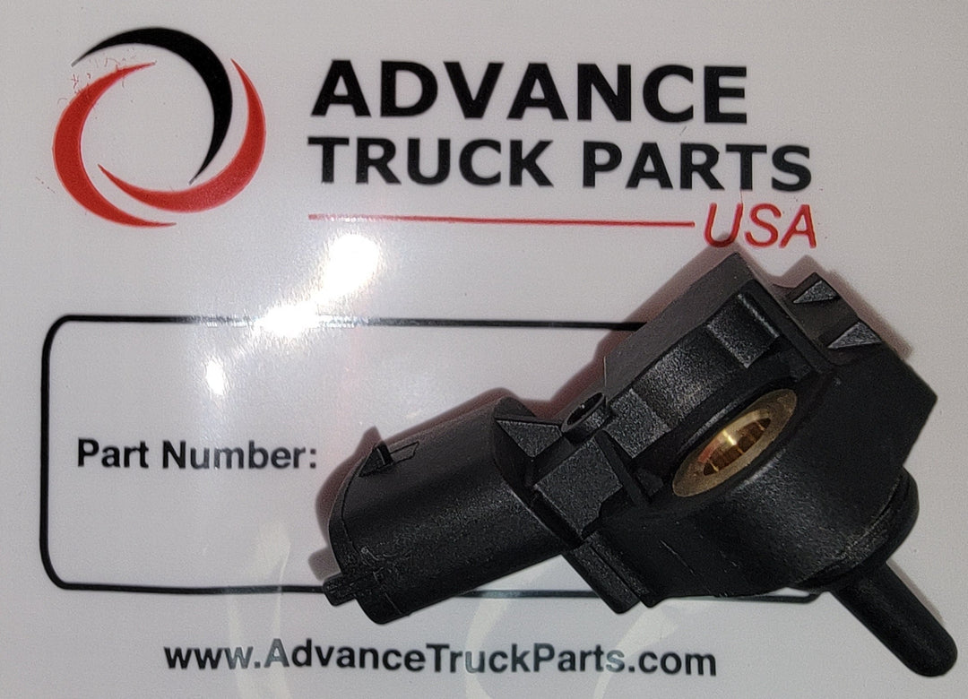 Advance Truck Parts Detroit Diesel pressure sensor displaying a top-down view of the black housing and sensor probe resting on an official product card background
