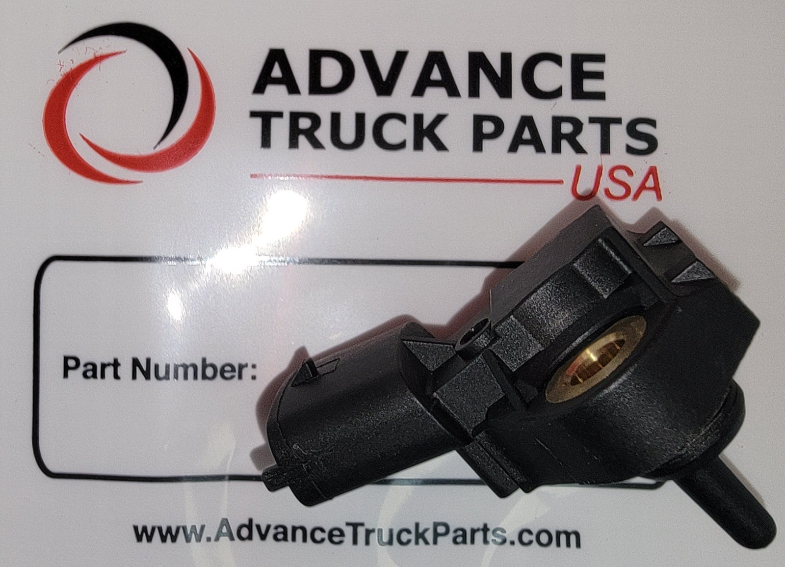 Advance Truck Parts Detroit Diesel pressure sensor displaying a top-down view of the black housing and sensor probe resting on an official product card background