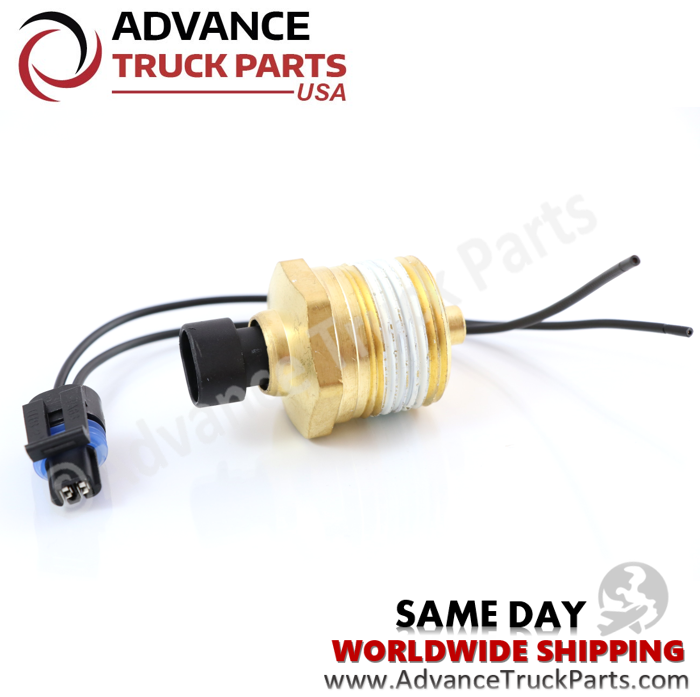 Advance Truck Parts USA branded studio angled horizontal perspective showcasing the heavy-duty coolant temperature sensor highlighting the brass threaded housing with white sealant alongside the disconnected black 2-wire pigtail harness featuring a blue weather seal