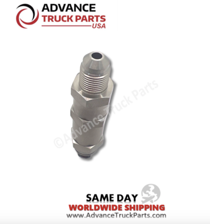 Advance Truck Parts USA branded studio vertical profile view displaying the complete body and threaded ports of the DDE 23535129 fuel check valve