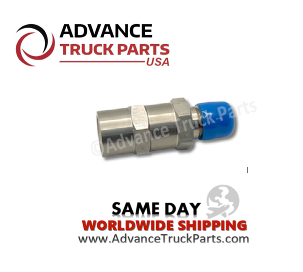 Advance Truck Parts USA branded studio horizontal perspective featuring the replacement fuel check valve outfitted with a blue protective thread cap on one end for safe shipping and storage