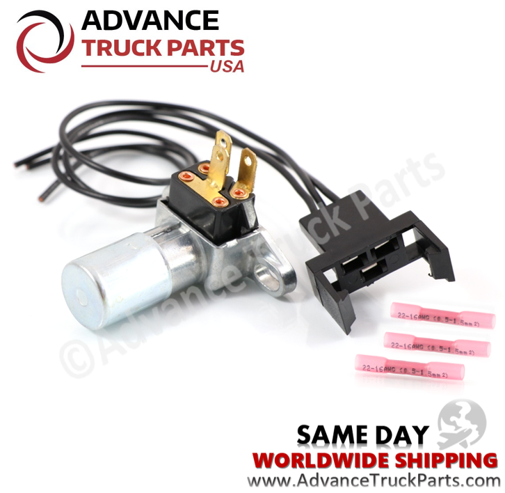 Advance Truck Parts USA floor headlight dimmer switch showing a studio overview of the switch, connected wire harness, and waterproof butt connectors on a branded background