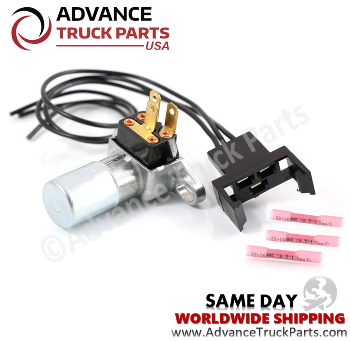 Advance Truck Parts USA floor headlight dimmer switch showing a studio overview of the switch, connected wire harness, and waterproof butt connectors on a branded background