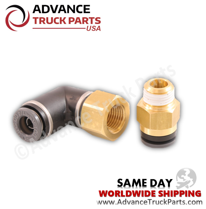 Advance Truck Parts DOT-approved 90-degree and straight 1/4-inch push-fit pneumatic fittings close-up studio view on a branded background