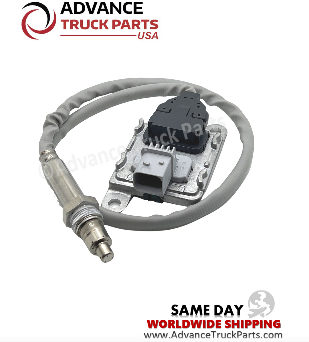 Advance Truck Parts USA branded studio full assembly view of the DDE EA0101538128 outlet nitrogen oxide sensor with protected wiring harness
