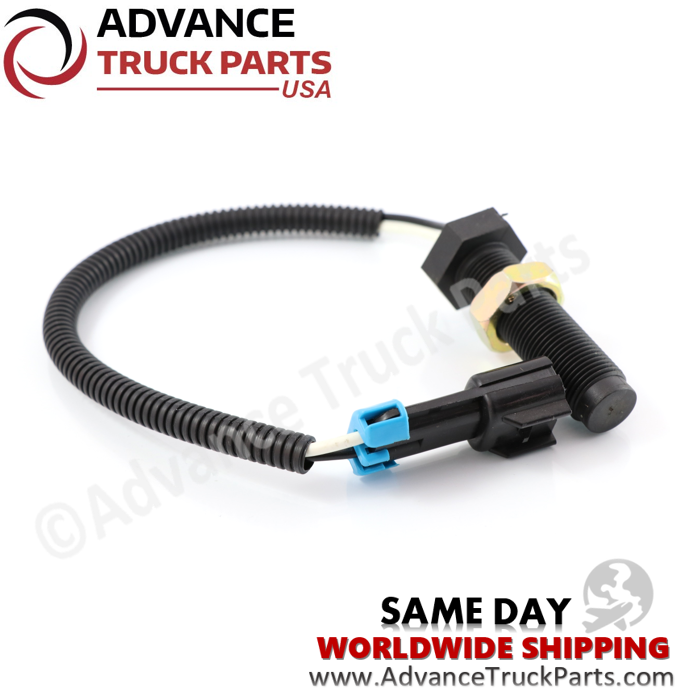 Advance Truck Parts USA branded studio angled perspective displaying the complete replacement speed sensor assembly featuring the black threaded housing, securing nuts, and corrugated wire protection shroud