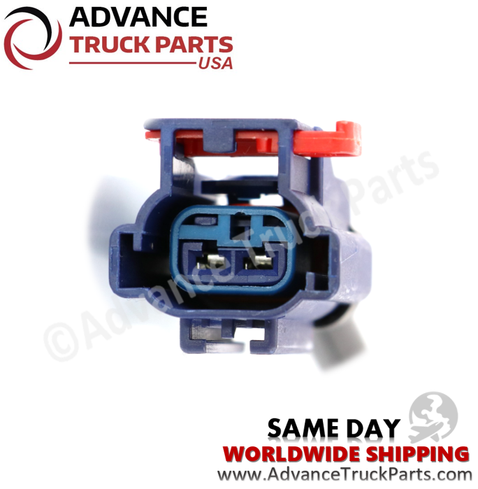 Advance Truck Parts USA end-on electrical face perspective displaying two contact pins inside the blue molded connector shroud with red secondary lock tab
