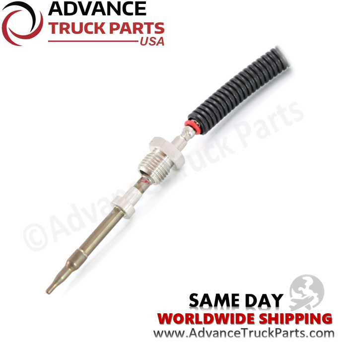 Advance Truck Parts USA detailed view displaying the tapered metal sensing tip, mounting threads, red rubber thermal seal, and protective loom lead-in
