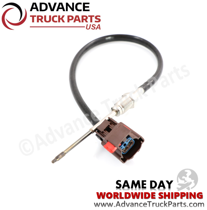 Advance Truck Parts exhaust gas temperature sensor showing a studio overview of the entire looped harness and probe assembly on a branded background