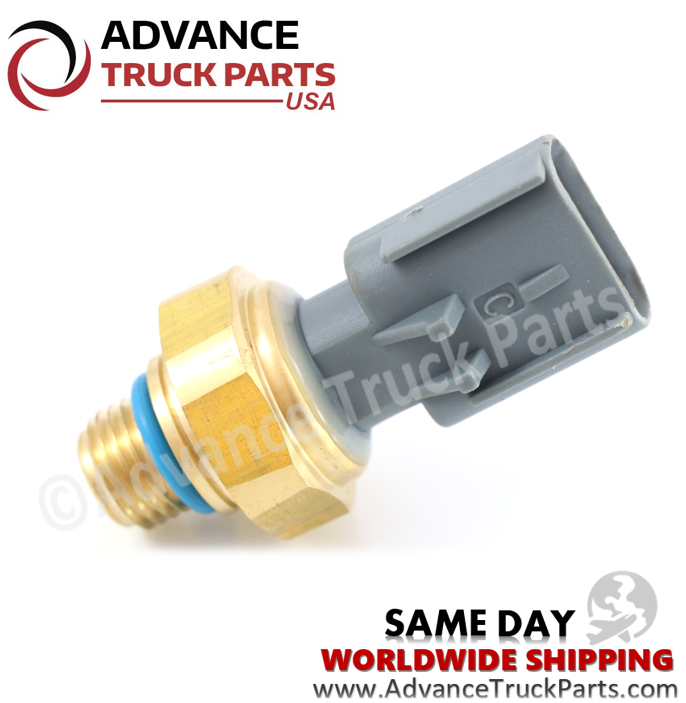 Advance Truck Parts USA branded studio left side angled perspective of the heavy-duty exhaust gas pressure sensor highlighting the grey connector and blue o-ring for Ford commercial trucks