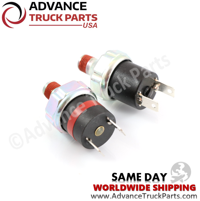Advance Truck Parts USA branded studio top back perspective showing the 2-blade terminal connectors of the heavy-duty normally open and normally closed air pressure switch kit for Freightliner and Western Star
