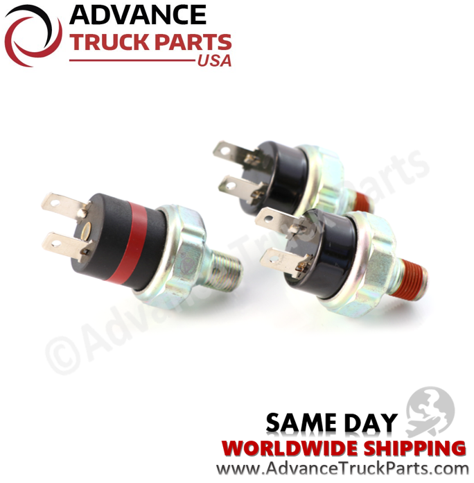 Advance Truck Parts USA branded studio top view highlighting the blade terminals and threaded base fittings of the Freightliner air pressure switches
