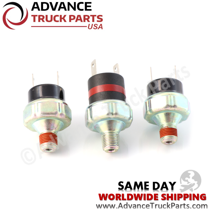 Advance Truck Parts USA branded studio angled overview of the air pressure switch kit components