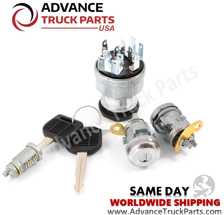 Advance Truck Parts USA branded studio view of the Freightliner ignition switch set showing terminal blades and door locks
