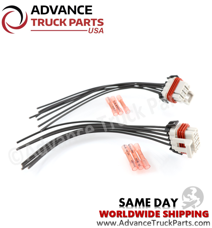 Advance Truck Parts USA branded studio alternative perspective displaying the 2-piece headlight connector pigtail set for Freightliner applications