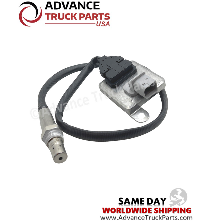 Advance Truck Parts USA branded studio top angled perspective of the heavy-duty outlet nitrogen oxide sensor with a 4-pin square grey plug for Freightliner and Detroit Diesel applications