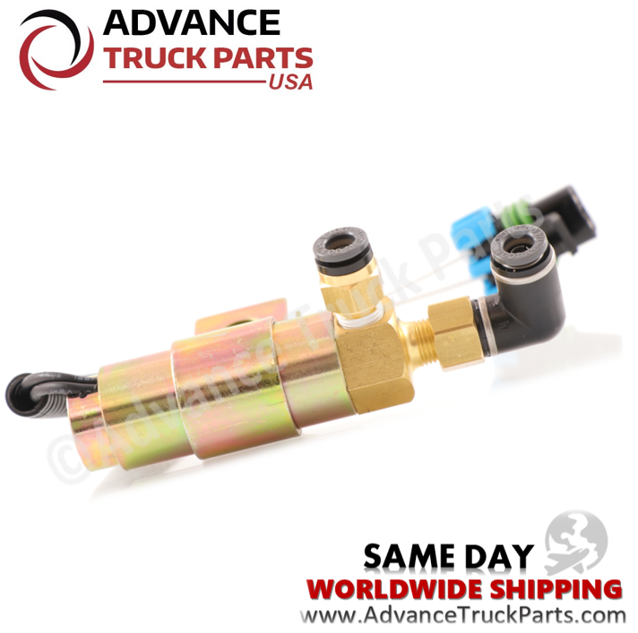 Advance Truck Parts Freightliner fan clutch solenoid valve displaying a horizontal studio view with the 90-degree and straight push-fit DOT connectors threaded into place on a branded background