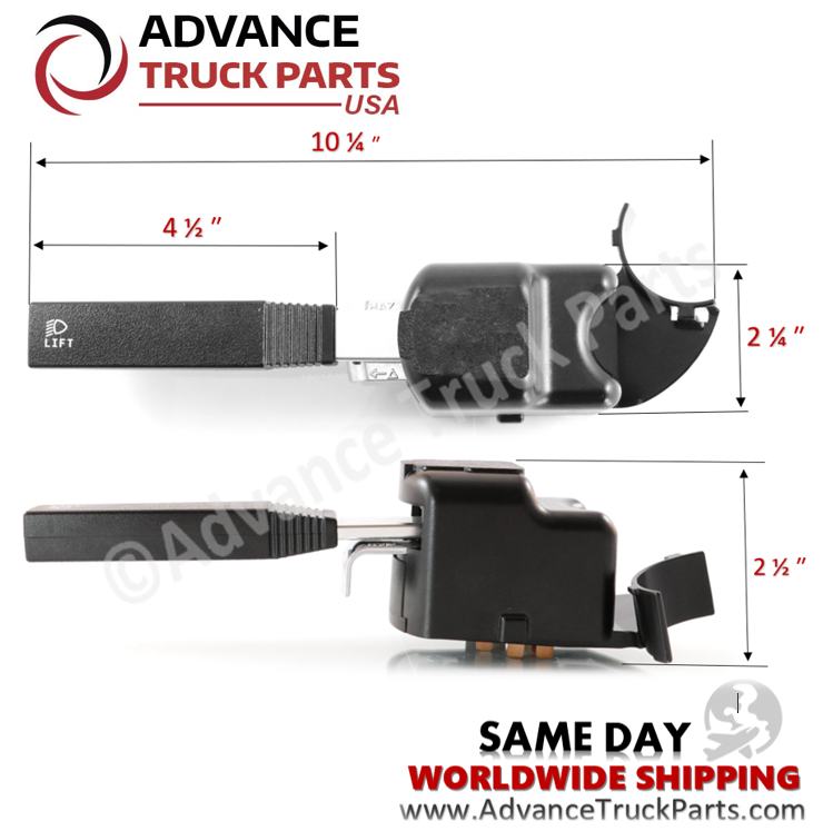 Advance Truck Parts USA Freightliner FLD turn signal switch displaying a dimensional diagram highlighting the 10 1/4 inch total length, 4 1/2 inch handle length, 2 1/4 inch base width, and 2 1/2 inch overall height