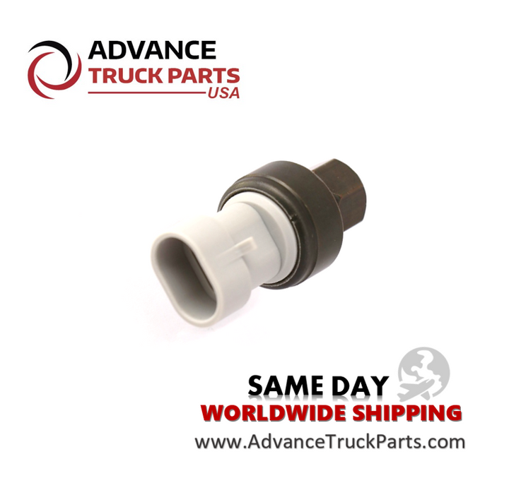 Advance Truck Parts USA branded studio left side angled perspective of the heavy-duty high pressure A/C switch highlighting the grey connector for Freightliner commercial trucks