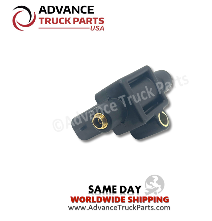 Advance Truck Parts USA branded studio left side angled perspective showing the air port and mounting bracket of the 3-way normally open solenoid valve for commercial Freightliner trucks