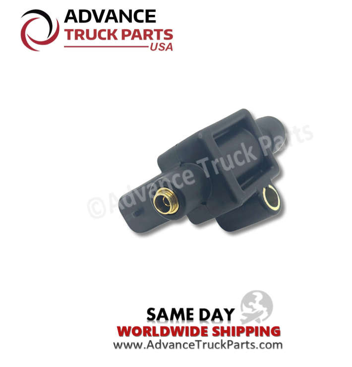 Advance Truck Parts USA branded studio left side angled perspective showing the air port and mounting bracket of the 3-way normally open solenoid valve for commercial Freightliner trucks