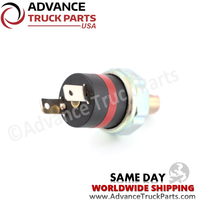 Advance Truck Parts USA branded studio rear view displaying the electrical blade connectors and red accent band of the air pressure switch
