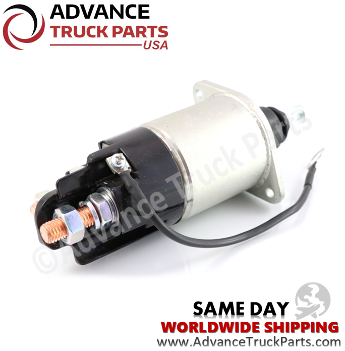 Advance Truck Parts USA branded studio angled perspective showcasing the heavy-duty starter solenoid highlighting the large copper battery terminal, mounting flange, and internal ground wire for Delco Remy applications
