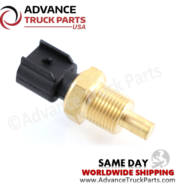 Advance Truck Parts USA branded studio angled perspective showcasing the heavy-duty temperature sensor featuring a brass 1/2-14 NPT threaded body and black connector for Freightliner commercial trucks
