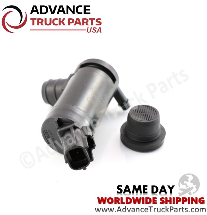 Advance Truck Parts USA branded studio perspective displaying the replacement windshield washer pump highlighting the inlet ports and separate rubber strainer screen