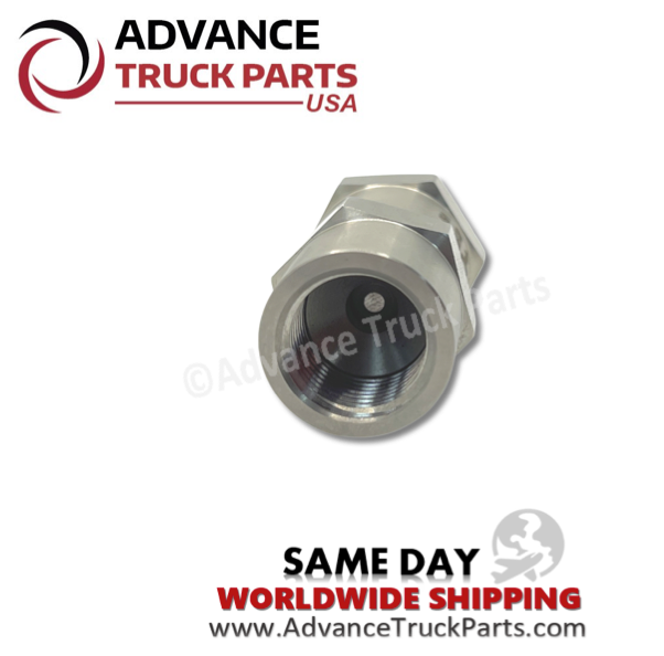 Advance Truck Parts USA branded studio end-on perspective displaying the internal female threading and precise machining of the Detroit Diesel fuel check valve fitting
