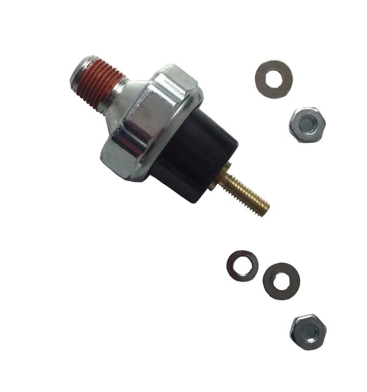 ATP oil pressure switch shown alongside loose washers and mounting nuts on a plain background