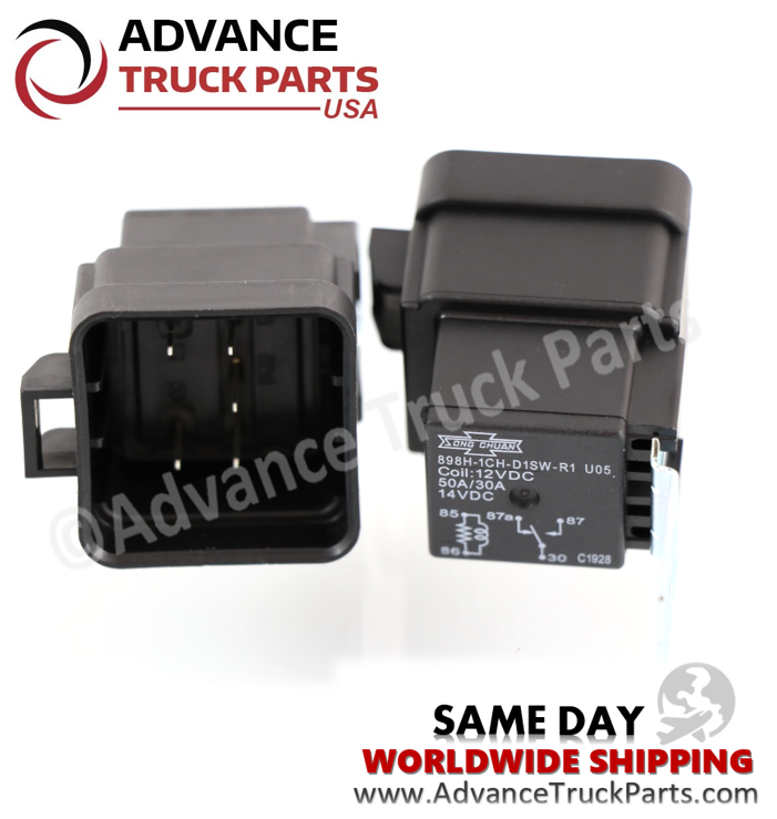 Advance Truck Parts USA GM AC relay displaying a studio perspective of the relay housing and connector cavity on a branded background