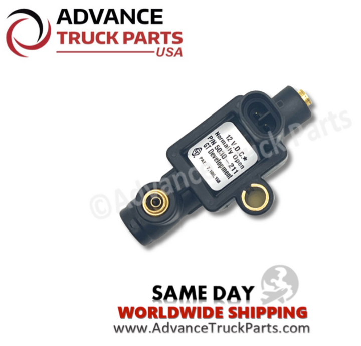 Advance Truck Parts USA branded studio top perspective showcasing the heavy-duty GT Development solenoid valve highlighting the factory specification sticker, brass pneumatic ports, mounting eyelet, and 2-pin electrical socket