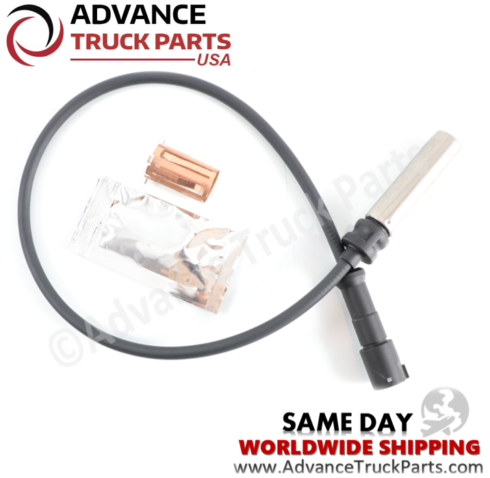 Advance Truck Parts USA branded studio view of the straight ABS sensor kit including the sensor probe, wired cable, grease, and clip