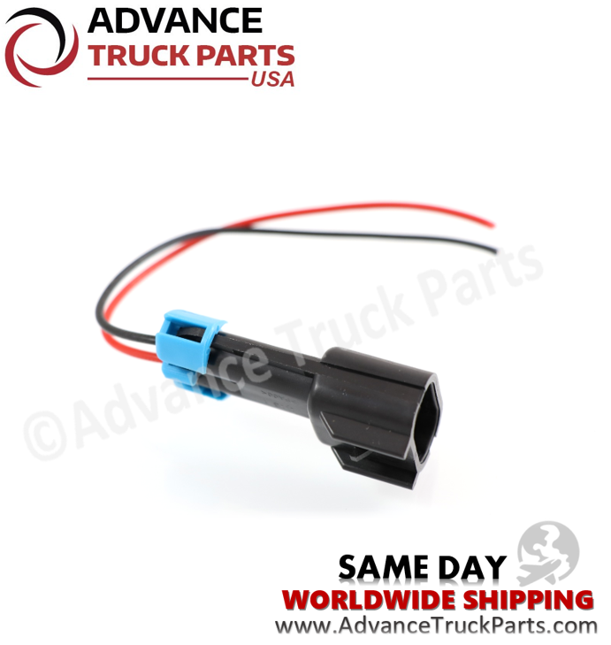 Advance Truck Parts USA studio angled rear perspective showcasing the heavy-duty 2-pin pigtail connector harness highlighting the black plastic housing, blue weather seal locking clip, and 16 AWG red and black wiring leads for multiple applications