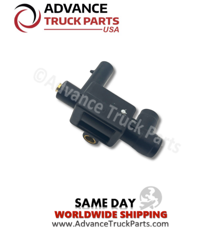 Advance Truck Parts USA branded studio rear perspective displaying the replacement commercial truck solenoid valve featuring the flat molded black plastic backplate, integrated mounting hole, and pneumatic port extensions