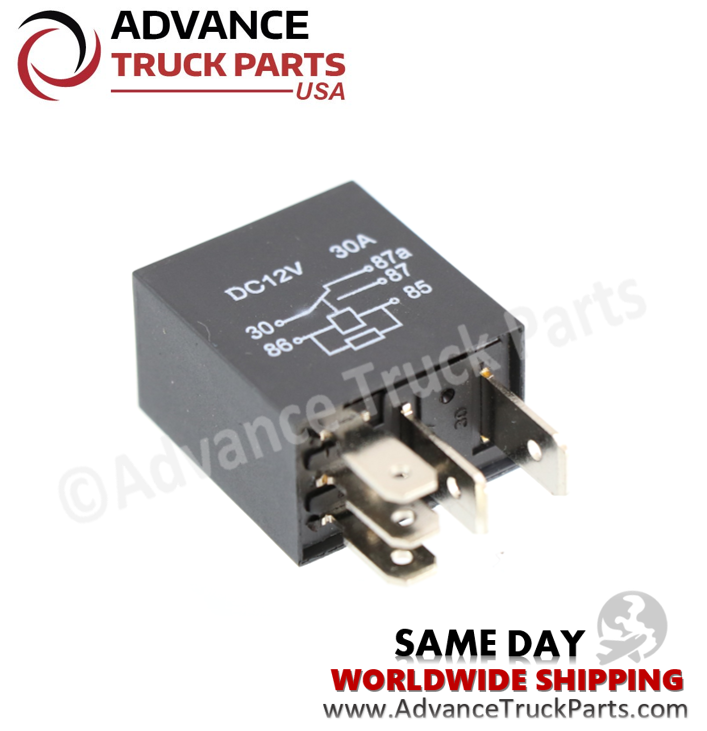 Advance Truck Parts USA branded studio view showcasing the 5 blade terminals and top wiring schematic of the heavy-duty relay