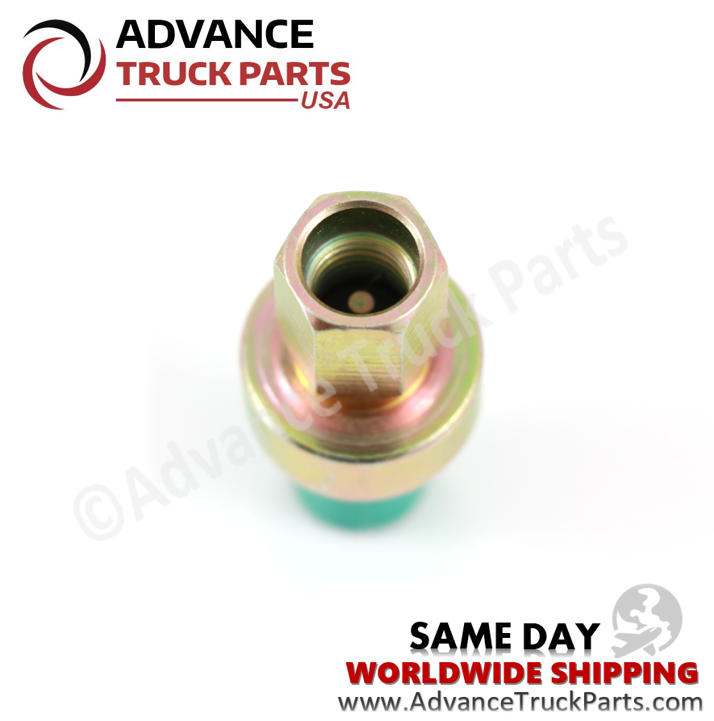 Advance Truck Parts USA branded studio bottom-up angled perspective showcasing the female M10 threaded base and internal valve of the heavy-duty high pressure A/C switch